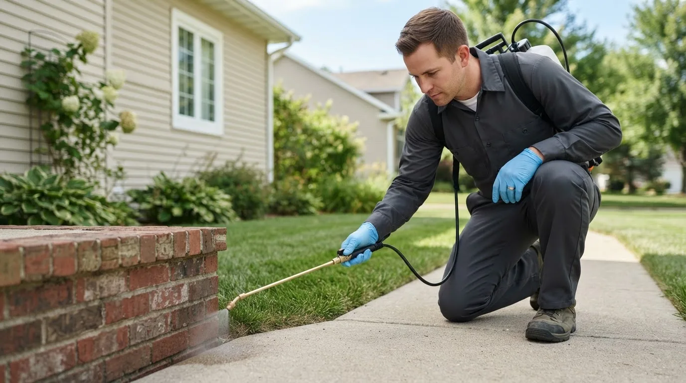 Pest control technician treating a home near Westhoff, TX