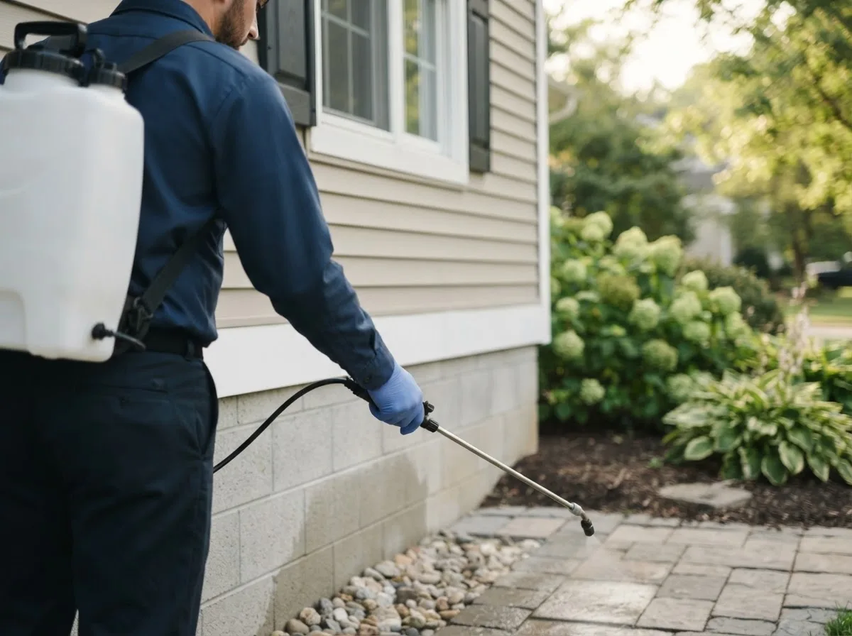 Pest control technician inspecting a home in Westhoff, TX